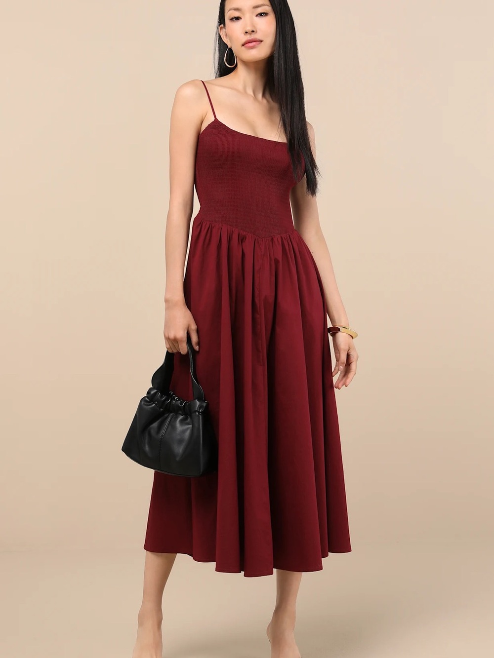 Lulus NWT Tandria Burgundy Smocked Sleeveless Midi Dress Size Large